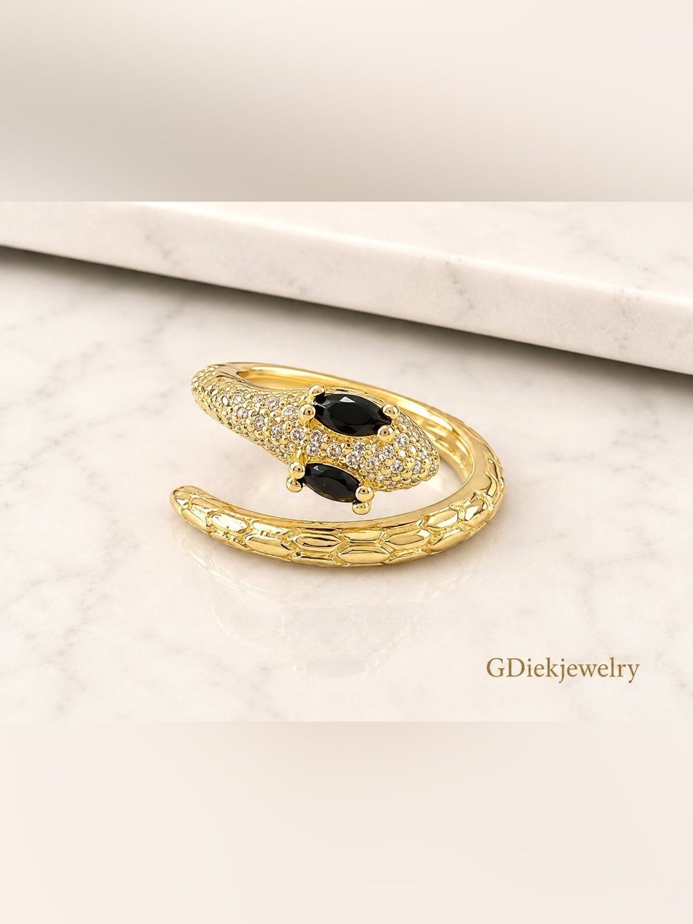 Goldfilled Adjustable Snake Ring with Black Stones